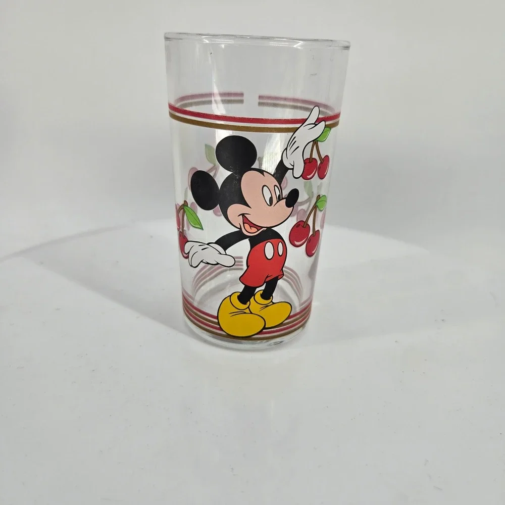Disney Mickey Mouse Cherry Glass Tumbler Vintage Clear Drinking Glass Red Gold